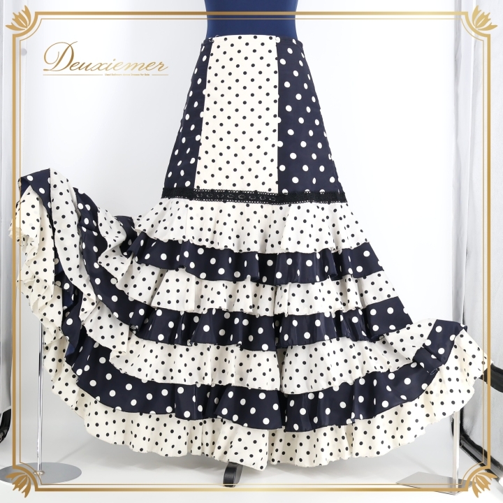 フラメンコ 衣装 ファルダ ホワイト系 スカート 水玉 ドット柄 ボランテ 白 紺 レース フリル 華やか 豪華 かわいい ダンス衣装 ネイビー系拍卖