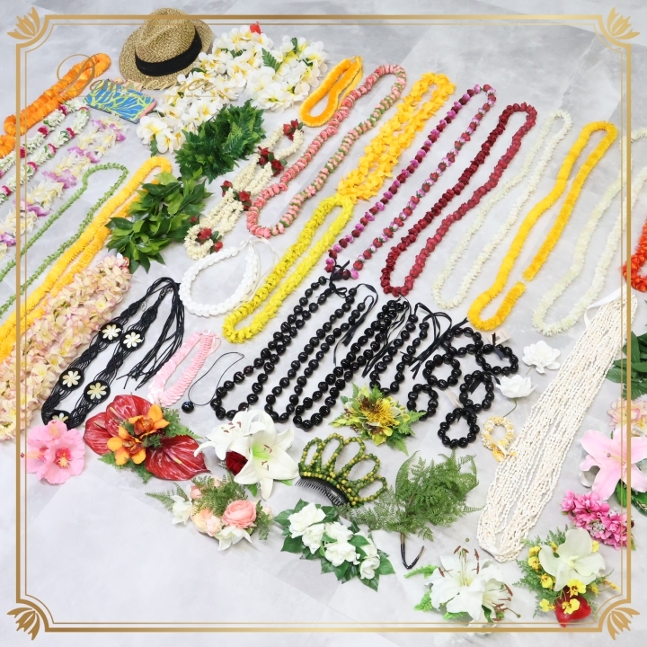 フラダンス 小物 小道具 まとめ売り 全65点 セット カラフル ネックレス フラワーレイ リーフレイ 髪飾り 頭飾り ハット ポーチ タヒチアン拍卖