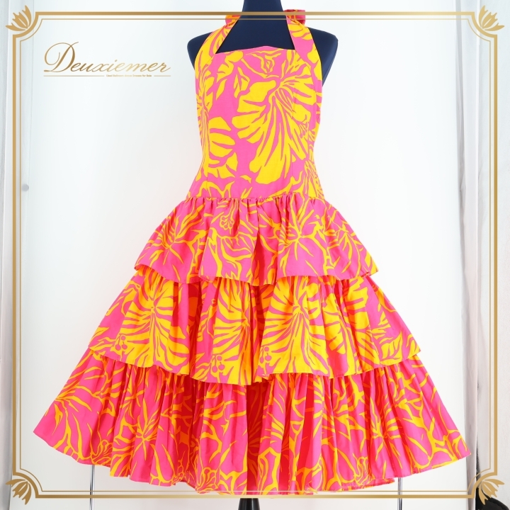 フラダンス 衣装 ワンピース ドレス ピンク系 パウスカートショップ 花柄 黄 鮮やか 華やか フリル PauSkirtShop 日本製 ボリューム拍卖