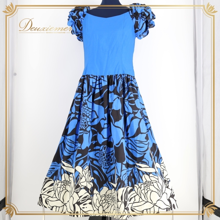 フラダンス 衣装 ワンピース ドレス ブルー系 パウスカートショップ フラ ダンス 花柄 青 白 黒 PauSkirtShop ハレハワイイ ハワイアン拍卖