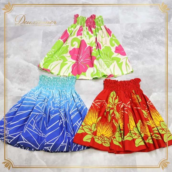 フラダンス 衣装 ジュニアサイズ用 パウスカート まとめ売り 3点 セット レッド系 ハレハワイイ ケイキ 子供用 花柄 フラ ダンス 赤 青 白拍卖