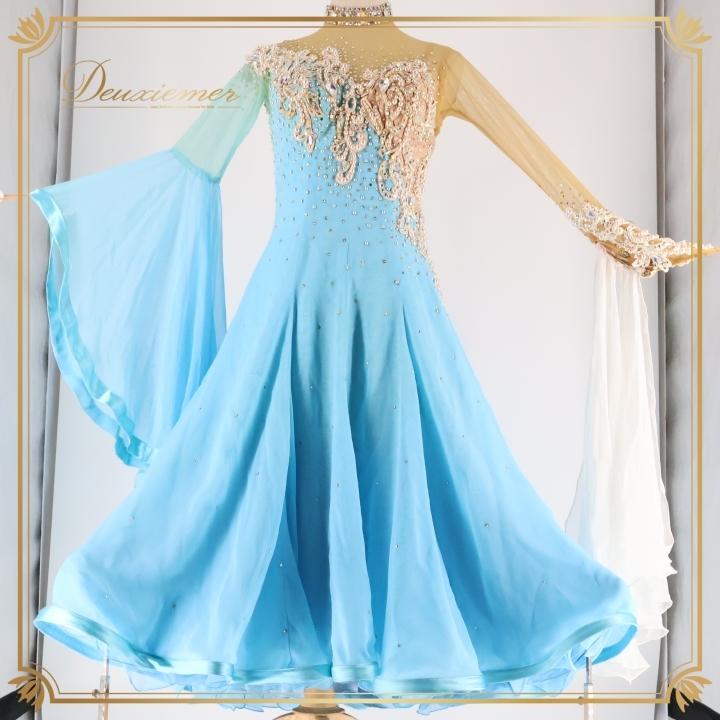 社交ダンス 衣装 スタンダード ドレス ワンピース スタンダードドレス 水色 フロート レース デモ 競技 ダンス パーティ ブルー系 上品拍卖