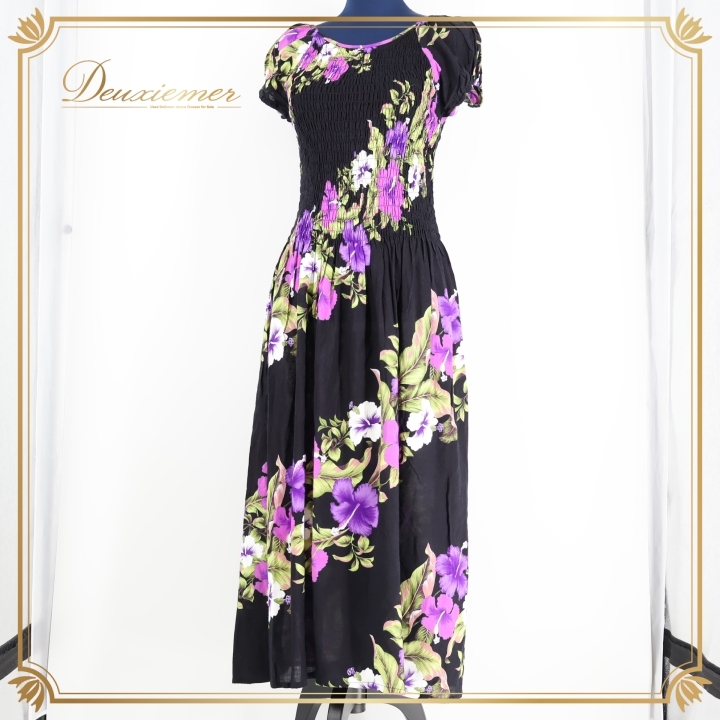 フラダンス 衣装 ワンピース ドレス ブラック系 フラ ダンス ハワイアン 黒 紫 白 緑 花柄 鮮やか ハイビスカス柄 華やか パープル系拍卖