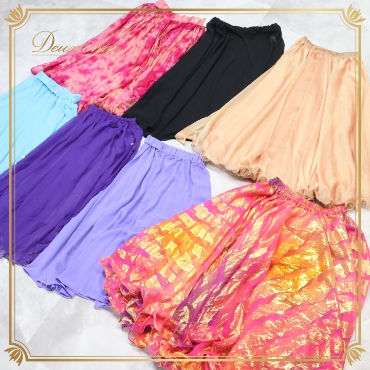 ベリーダンス オリエンタル 衣装 スカート まとめ売り 全7点 セット ピンク系 ブラック系 黒 ベージュ系 ブルー系 水色 パープル系 紫 ラメ拍卖