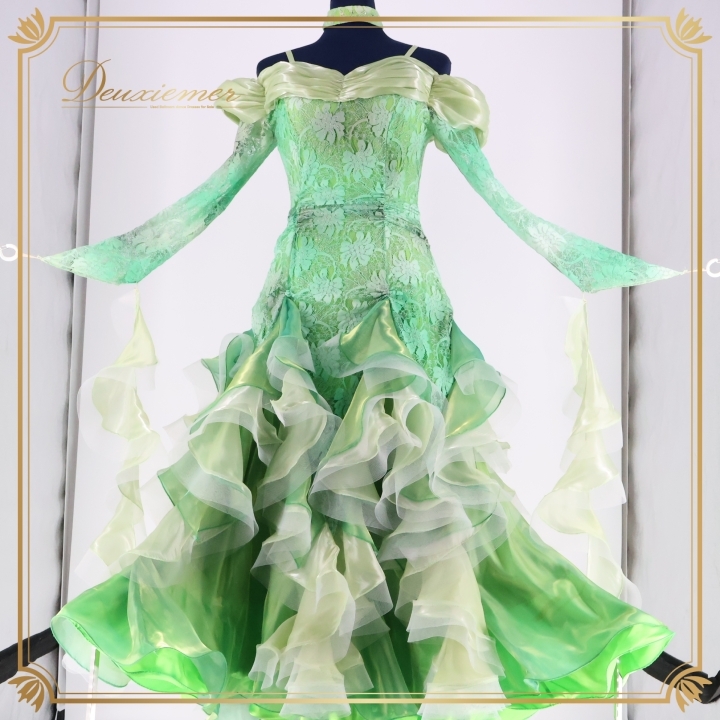 社交ダンス 衣装 ワンピース ドレス フロート フリル レース パーティ 発表会 緑 エメラルド prima boutique プリマブティック ラメ拍卖