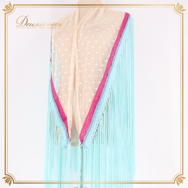 フラメンコ 衣装 シージョ トライアングル ドット 水玉 レース 透け感 軽い 薄い 紫 ピンク ロングフレコ 水色 クリーム ブルー系 フリンジ拍卖