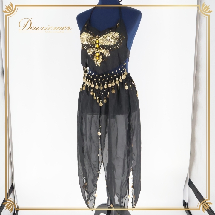 ベリーダンス 衣装 上下セット ブラック系 黒 ゴールド スパンコールラメ ビーズ ラインストーン コイン レース コスチューム 舞台 発表会拍卖