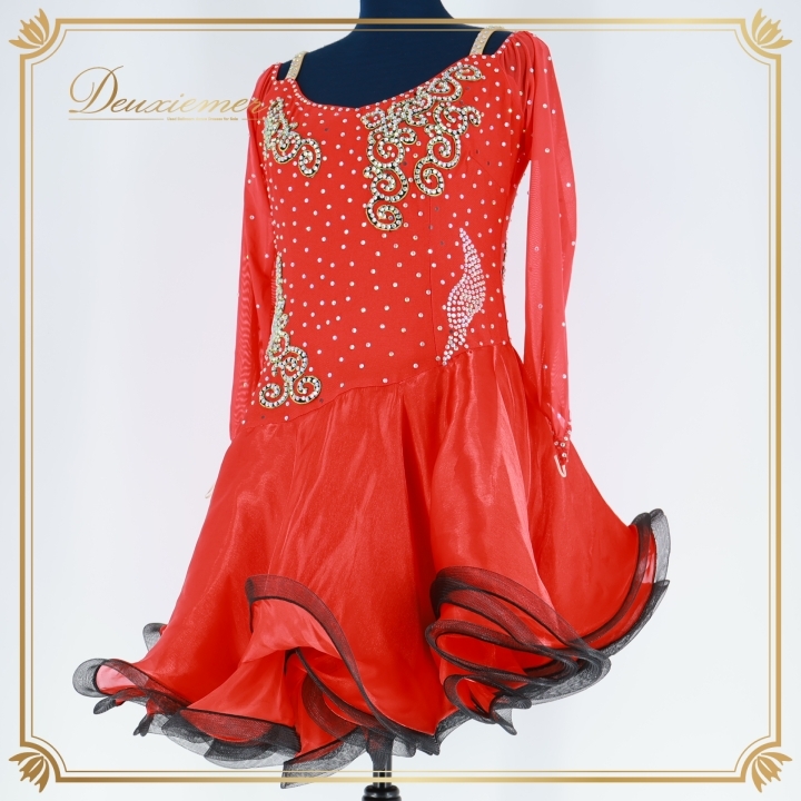 社交ダンス 衣装 ラテン ドレス ワンピース フリル レース 黒 赤 デモ 競技 ダンス パーティ 発表会 レッド系 おしゃれ スカート 揺れる拍卖