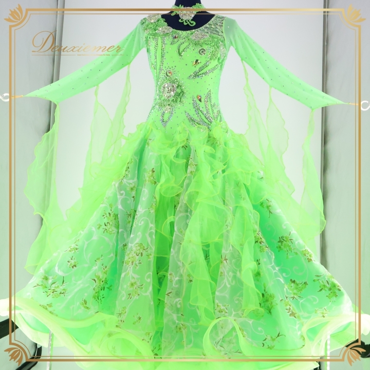 社交ダンス 衣装 スタンダード ドレス スタンダードドレス ワンピース デモ GRANT 競技 ダンス パーティ 発表会 フロート 黄緑 グリーン拍卖