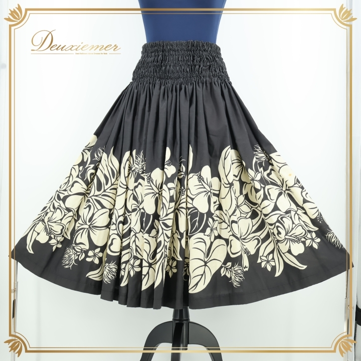 フラダンス 衣装 パウスカート ブラック系 シングル フラ ダンス 花柄 レッスン 練習 黒 ハワイアン スカート ハイビスカス柄 クリーム系拍卖