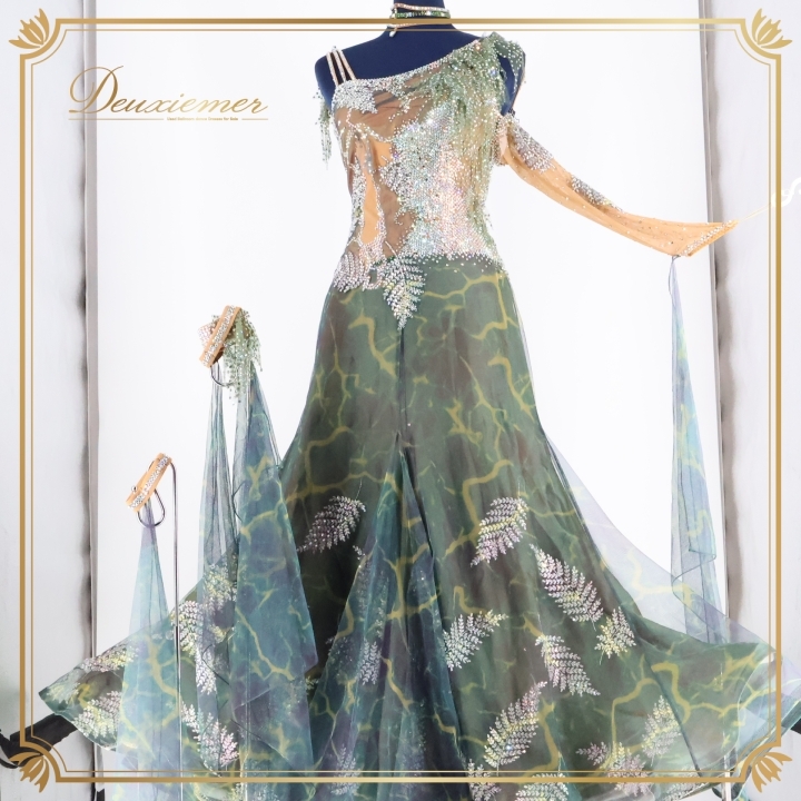 社交ダンス 衣装 スタンダード ドレス スタンダードドレス ワンピース 緑 フロート レース 柄 模様 デモ 競技 珍しい パーティ 発表会 拍卖