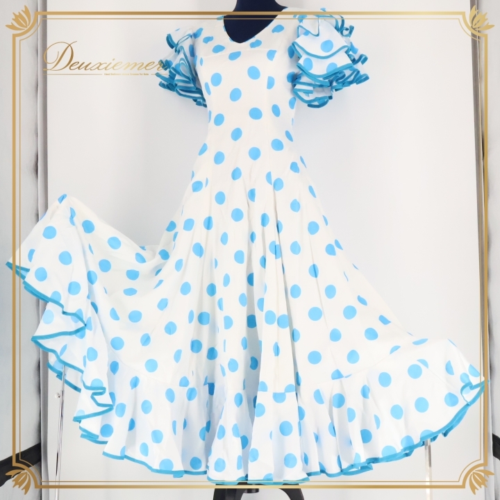 フラメンコ 衣装 ワンピース ドレス 白 水色 ドット 水玉 ボランテ フリル ダンス パーティ 発表会 舞台 ホワイト系 ブルー系 拍卖