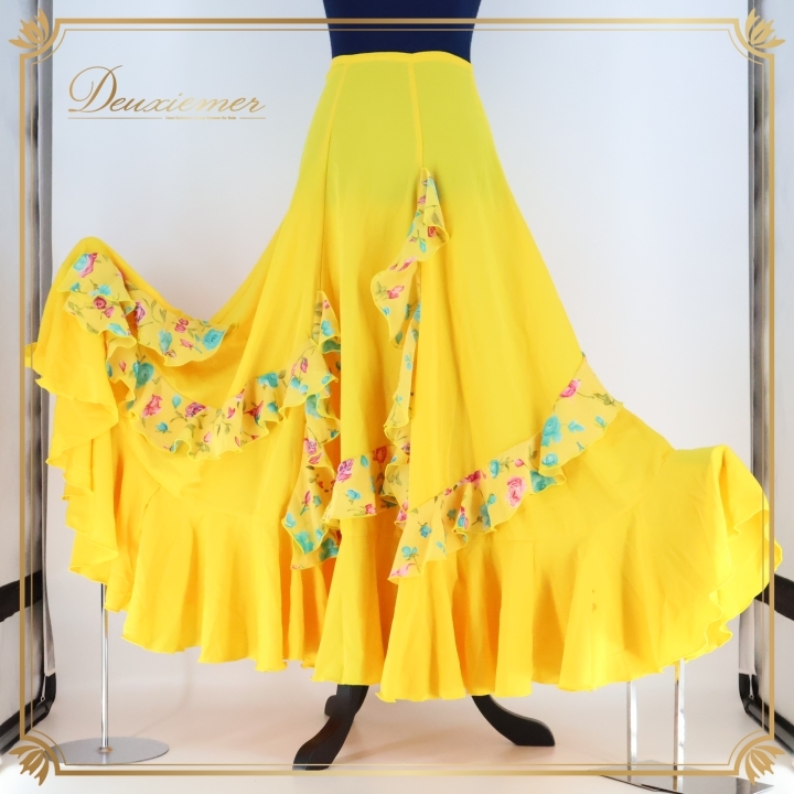 フラメンコ 衣装 ファルダ スカート ペチコート レッスン 黄色 ボランテ フリル 軽い 薄い 花柄 鮮やか CANELA PURA ブラウン系 イエロー系拍卖