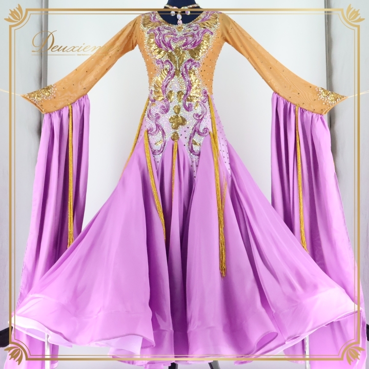 社交ダンス 衣装 スタンダードドレス スタンダード ドレス ワンピース フロート 紫 ゴールド 金 上品 ラベンダー 綺麗 パープル系 デモ拍卖