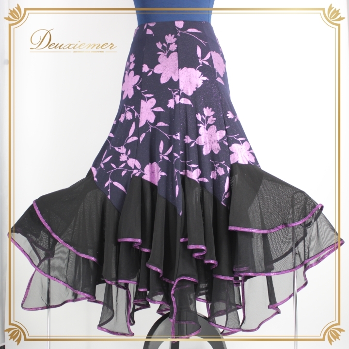 社交ダンス 衣装 スタンダード スカート レッスンウェア 女性用 レディース オールシーズン 黒 紫 SICO-PON ブラック系 パープル系 花柄拍卖