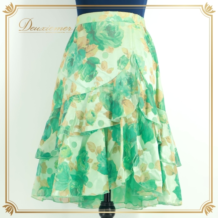 社交ダンス 衣装 スカート Chacott チャコット グリーン系 花柄 緑 茶 フリル ひざ丈 バラ柄 淡い 上品 華やか レッスン 練習 ブラウン系拍卖