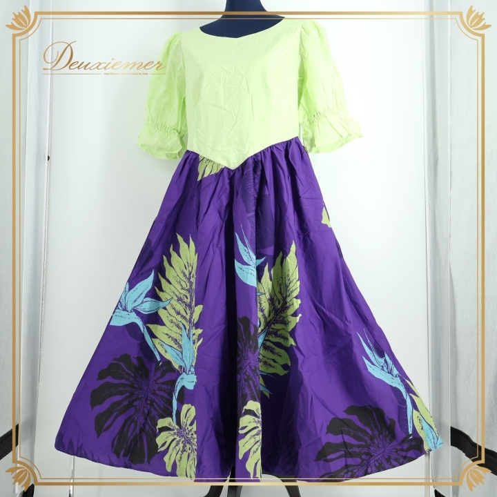 フラダンス 衣装 ワンピース ドレス パープル系 アビバーレ フラ ダンス 紫 青 緑 モンステラ柄 ラウアエ柄 Avivare グリーン系 ブルー系拍卖