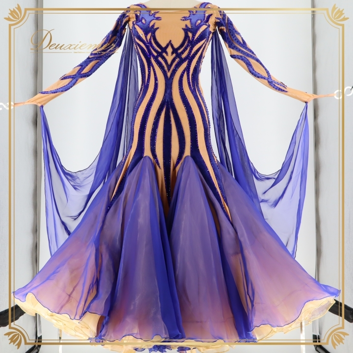 社交ダンス 衣装 スタンダードドレス スタンダード ワンピース ドレス 青 紫 フロート ベロア デモ 競技 ダンス パーティ 発表会 高級感拍卖