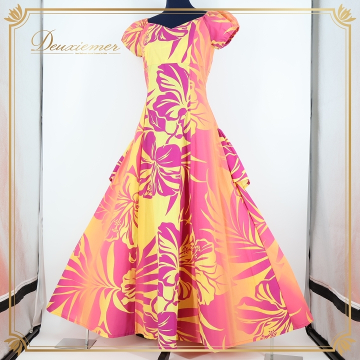 フラダンス 衣装 ワンピース ドレス オレンジ系 パウスカートショップ ハイビスカス柄 ノースリーブ 黄 紫 PauSkirtShop パープル系拍卖