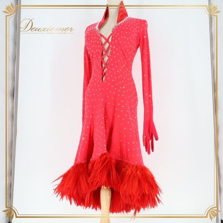 社交ダンス 衣装 ラテン ドレス ワンピース ラテンドレス ヤナギダ YANAGIDA ファー 羽 鮮やか 手袋 アームカバー 蛍光 かっこいい拍卖