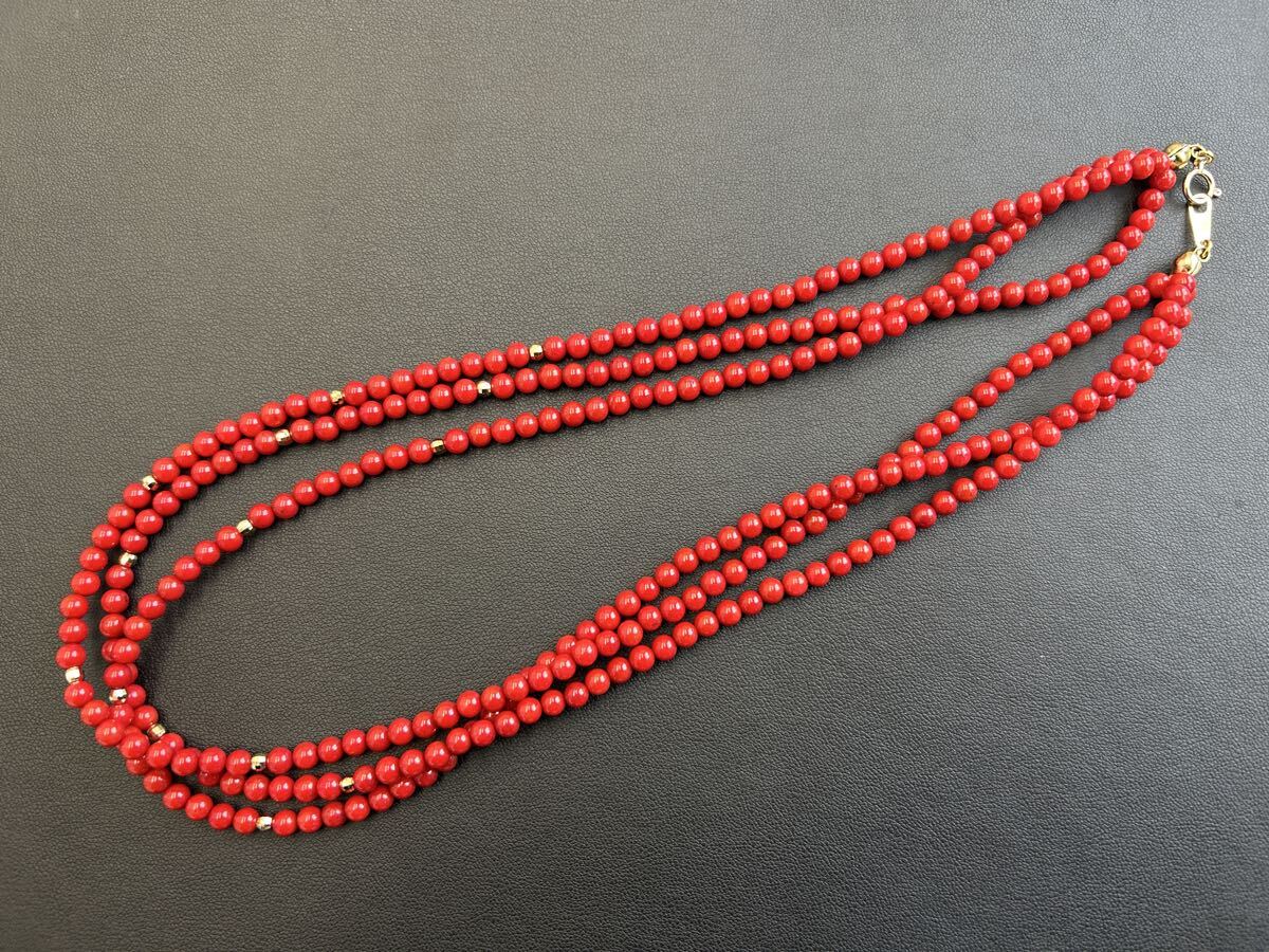 ★K18 留め具 珊瑚 ネックレス 3連 総重量 約36グラム サンゴ 4.2~4.5mm 小粒 赤珊瑚 アクセサリー 750★拍卖