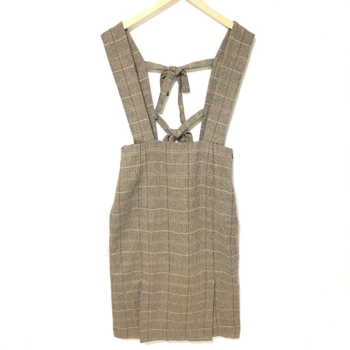 W500【Ray BEAMS】レイビームス スカート サロペット チェック柄 ジャンパースカート ダグ付 リボン ブラウン レディース サイズL位/fF拍卖