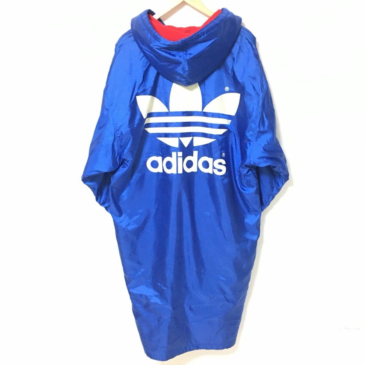 W517【adidas】アディダス ベンチコート アウター バックプリント 裏ボア サッカー 野球 スポーツ観戦 ブルー レッド メンズ サイズL/fF拍卖