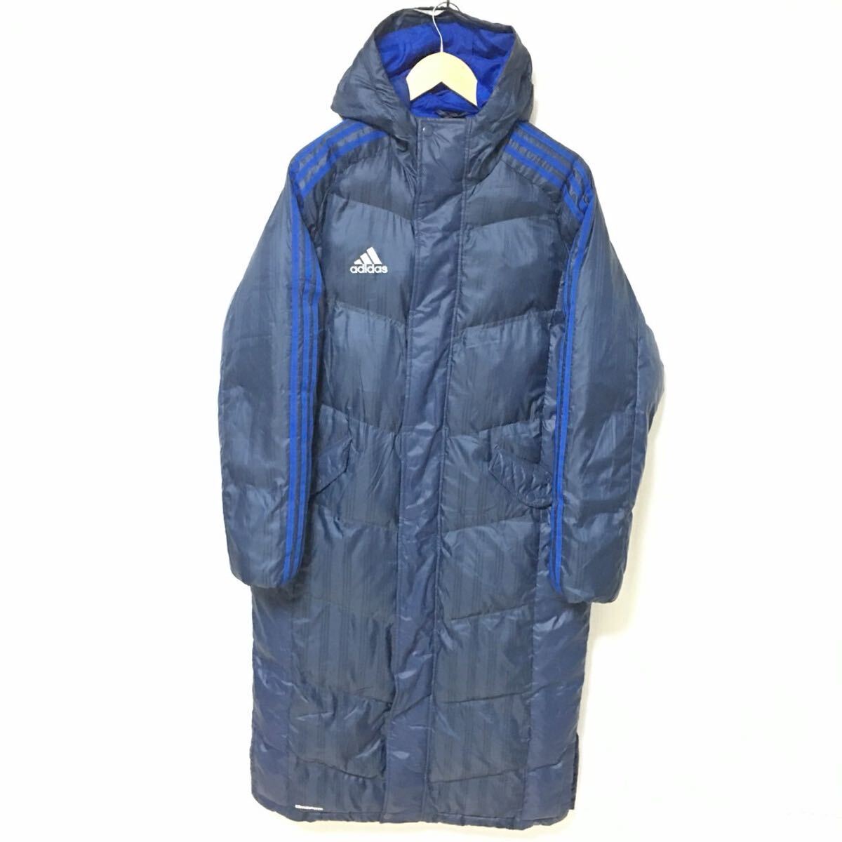 W522【adidas】アディダス ベンチコート アウター ロング 中綿 サッカー 野球 スポーツ観戦 アウトドア 防寒 ネイビー系 メンズ サイズM/fF拍卖