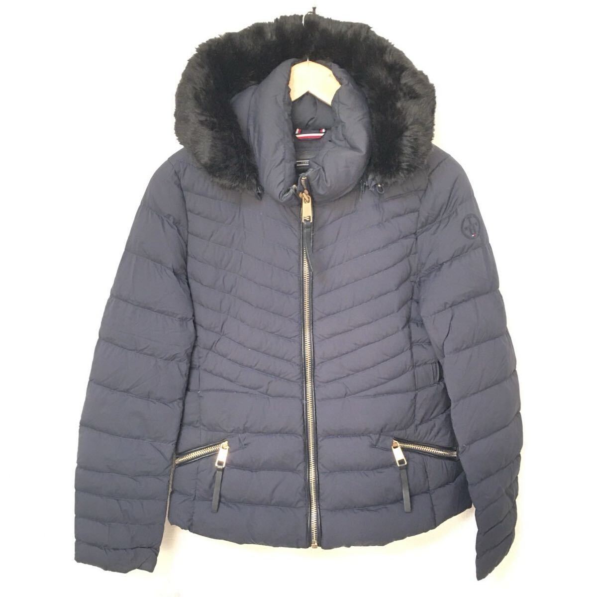 W491【TOMMY HILFIGER】トミー ヒルフィガー ダウンコート アウター ファーフード着脱可 上品 軽量 防寒 ネイビー レディース サイズM/fF拍卖