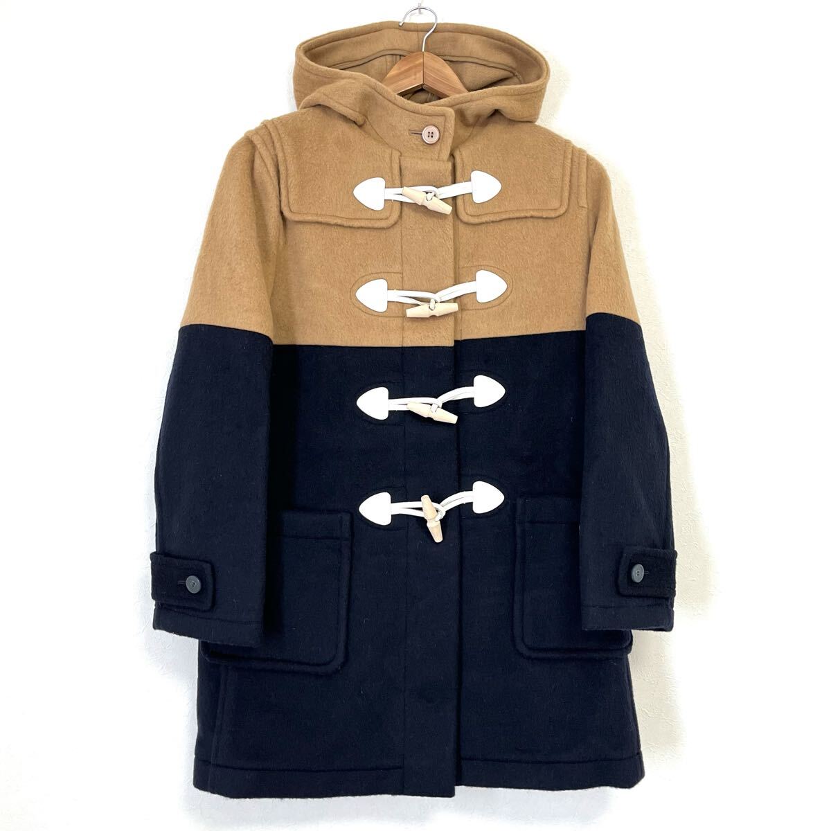 W462【mypanda】マイパンダ バイカラー ダッフル コート アウター 日本製 ウール混 防寒 キャメル ネイビー レディース サイズ0(S〜M位)/mm拍卖