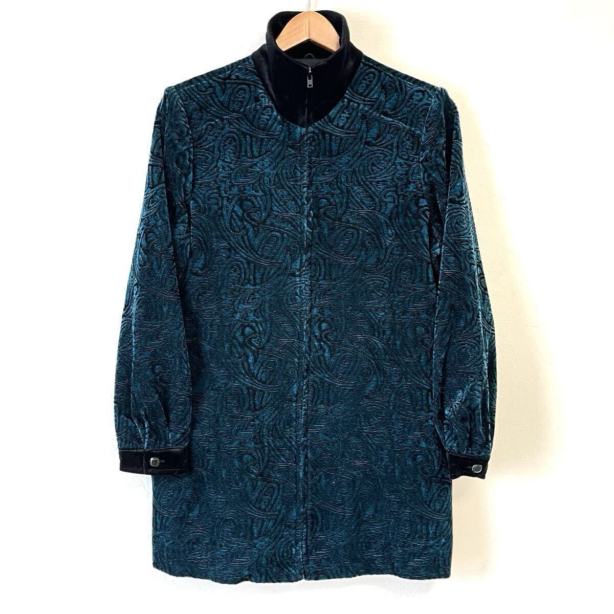 W468【TOKYO MODE】東京モード ジップアップ ジャケット ブルゾン ベロア 総柄 レトロ オシャレ グリーン系 レディース 17号(3〜4L位)/mm拍卖