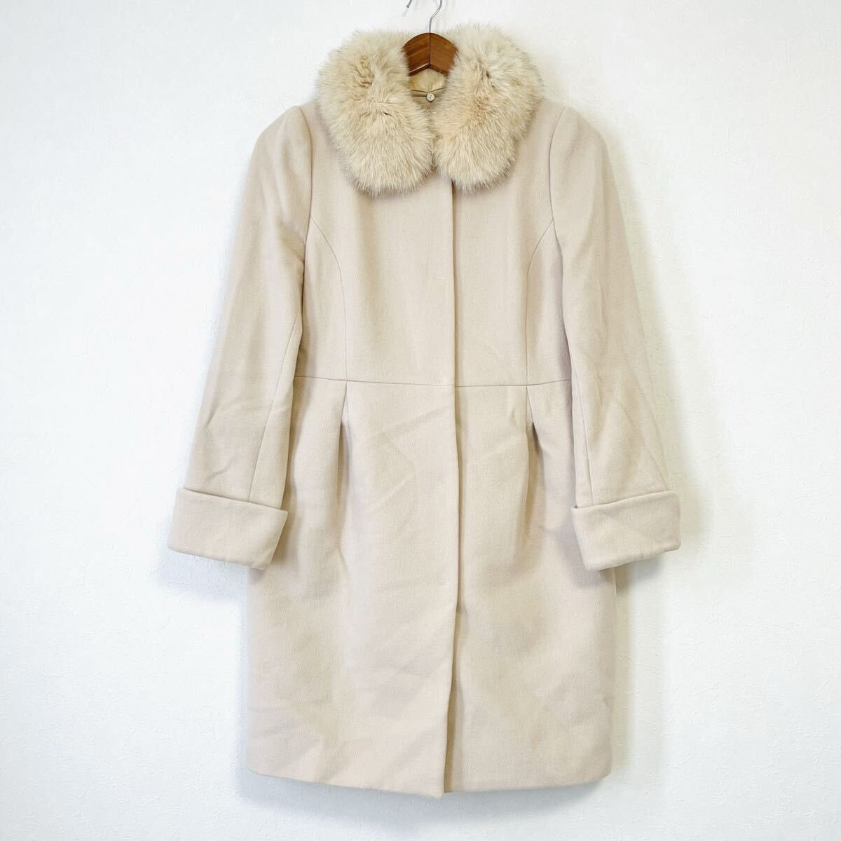 W476【Apuweiser-riche】アプワイザー・リッシェ ファー 付 コート アウター アンゴラ 混 おしゃれ アイボリー レディース サイズ2(M位)/mm拍卖