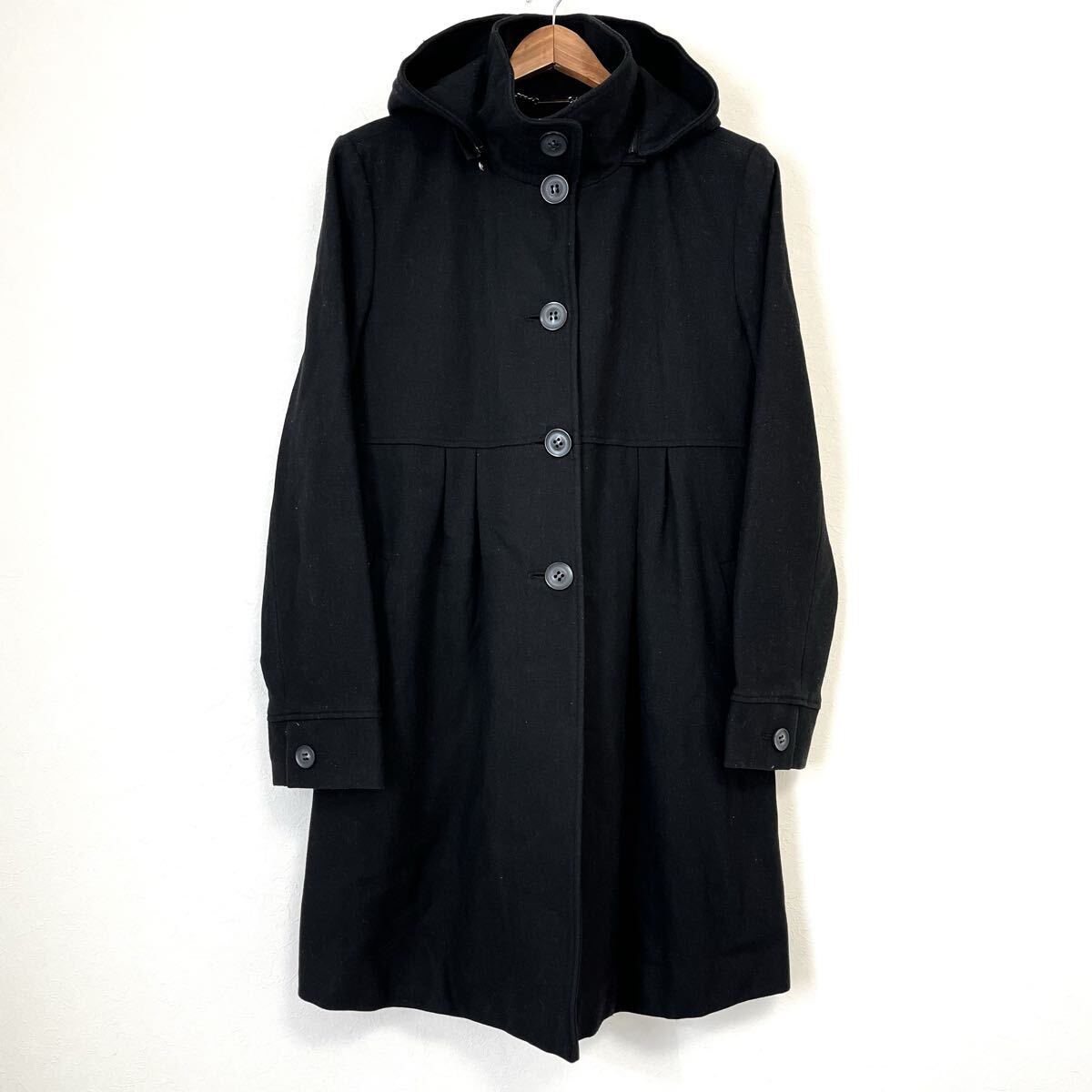 W490【DKNY】ダナキャランニューヨーク フード付 コート アウター ペプラム ウール混 かわいい 防寒 ブラック レディース サイズL位/mm拍卖