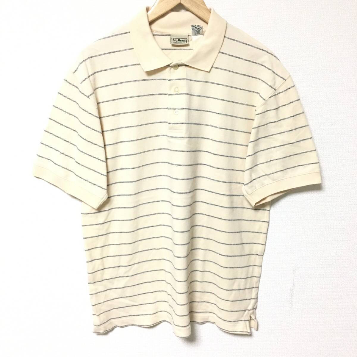 W129【L.L.BEAN】エルエルビーン ポロシャツ トップス コットン 100% 上品 半袖 ボーダー ベージュ メンズ サイズ MED-REG(M位)/fa拍卖