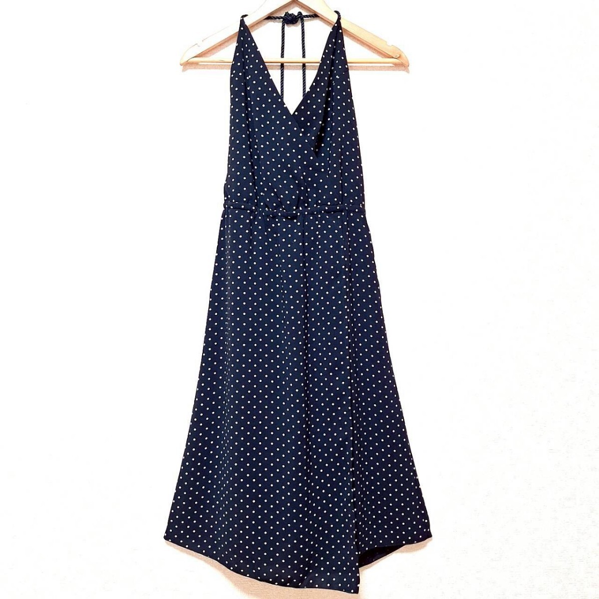 W579【Estella.K】エステラケー ホルターネックワンピース ミドル丈 Aライン 高さ調節可能 ドット柄 きれいめ ネイビー レディース F/ee拍卖