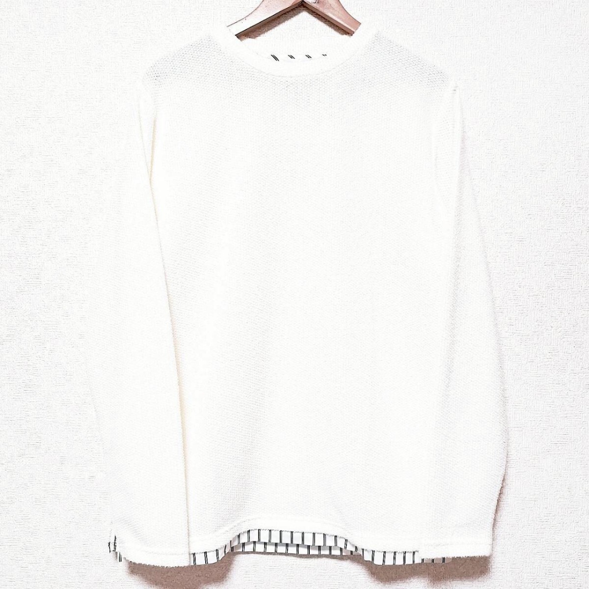 W566【THE SHOP TK】ザショップティーケー クルーネック カットソー 長袖 ビッグサイズ シンプル ストライプ ホワイト メンズ XL /ee拍卖