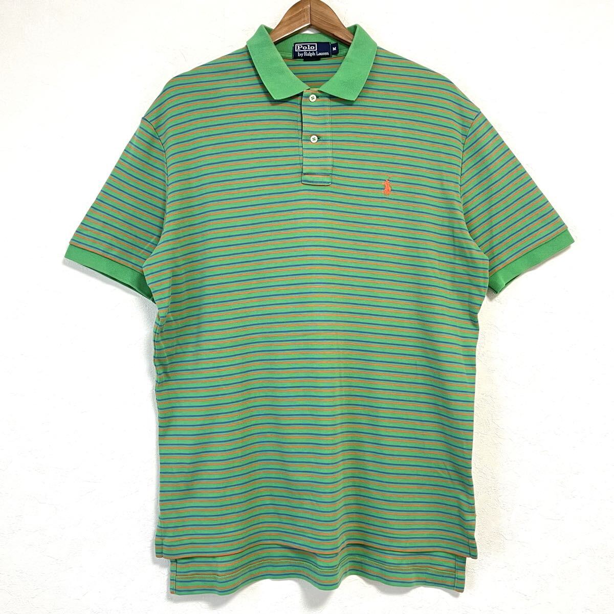 W619【Polo by RalphLauren】ポロバイラルフローレン 半袖 ポロシャツ トップス コットン 着心地 ボーダー グリーン メンズ サイズM/mm拍卖