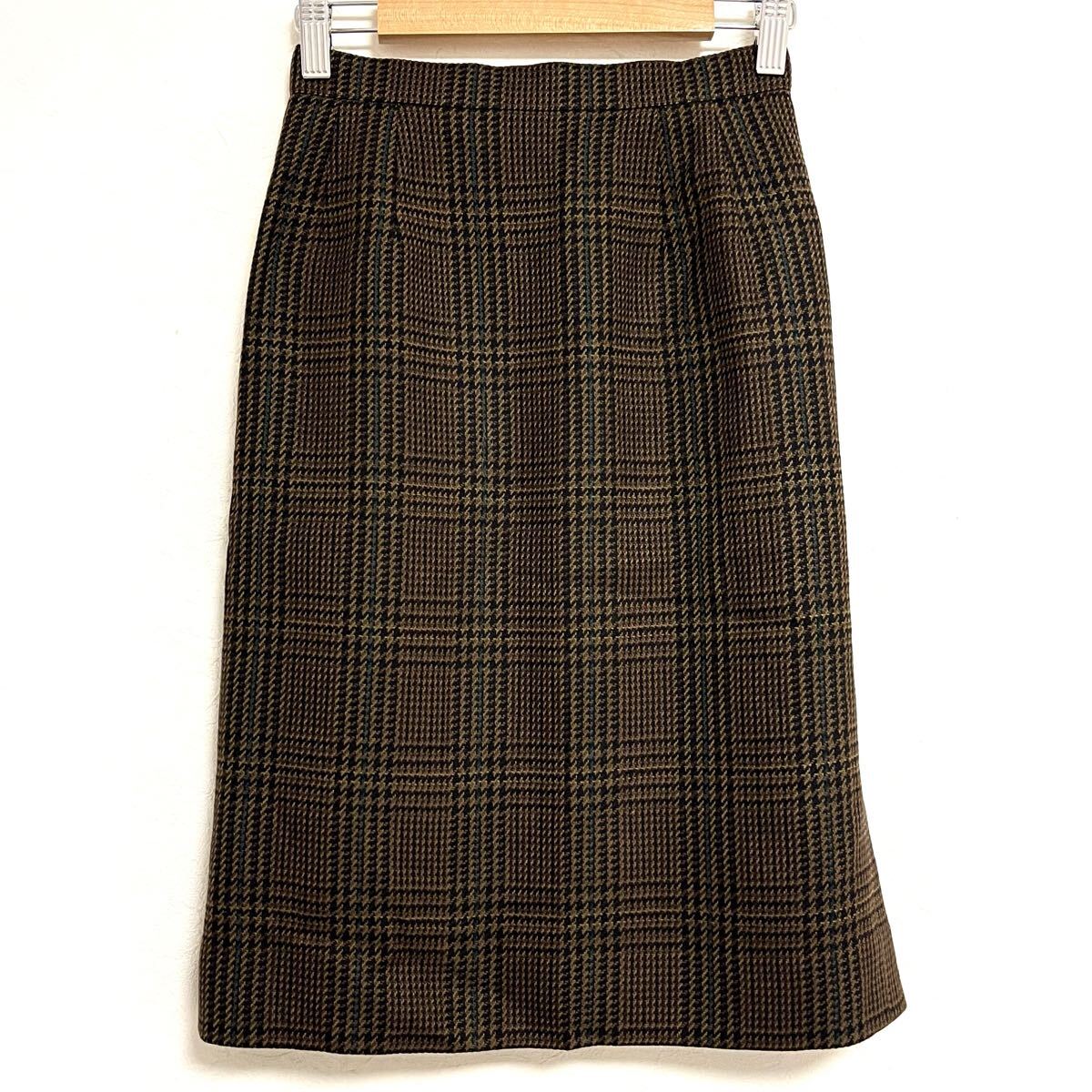 W711【BURBERRYS】バーバリーズ チェック柄 タイト スカート ウール レトロ ヴィンテージ 秋冬 ブラウン レディース サイズ5AP(XS位)/mm拍卖