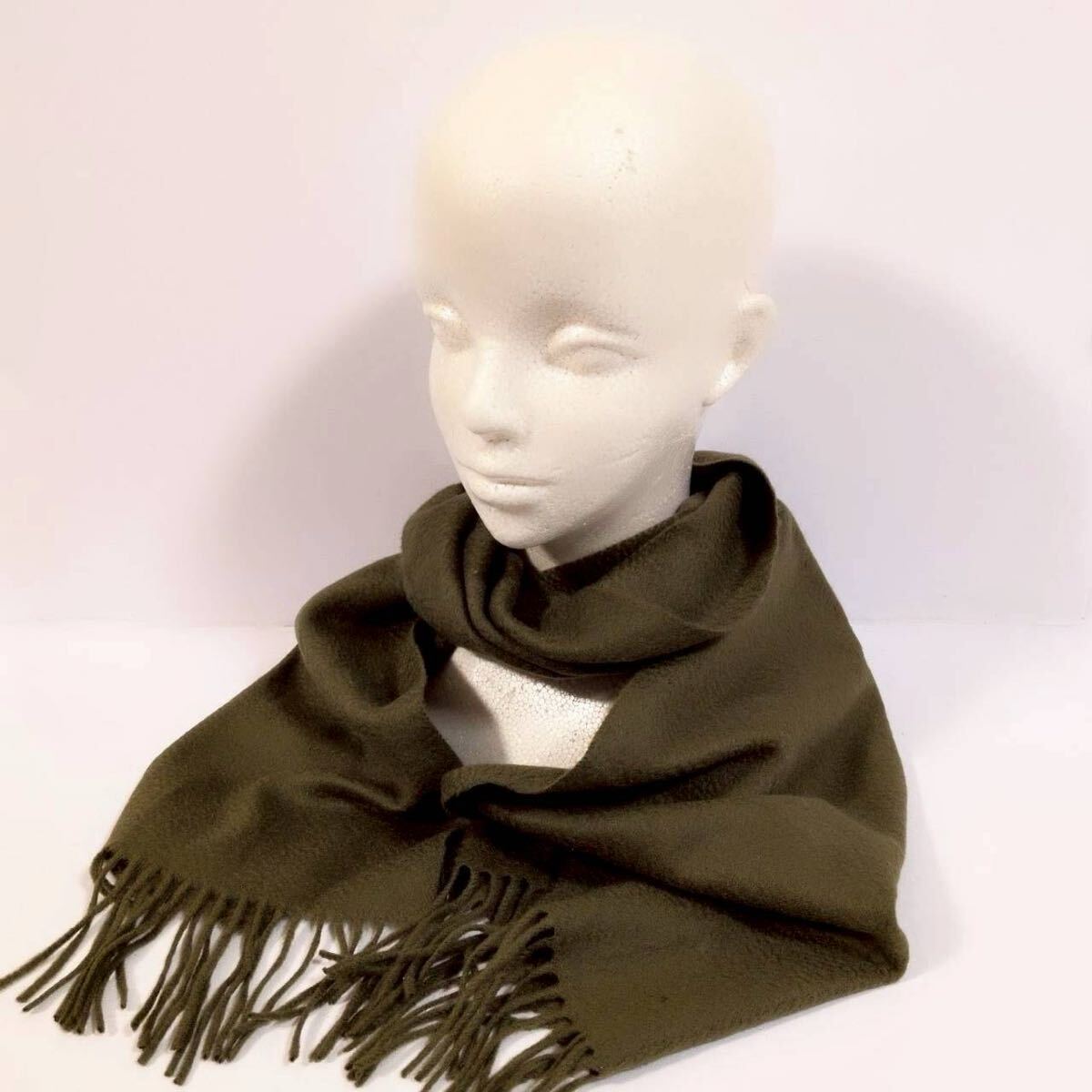 W863【CASHMERE】カシミヤ ストール マフラー フリンジ カシミヤ100% 薄手 無地 春秋 防寒 ダークグリーン レディース サイズ30×142/HF拍卖