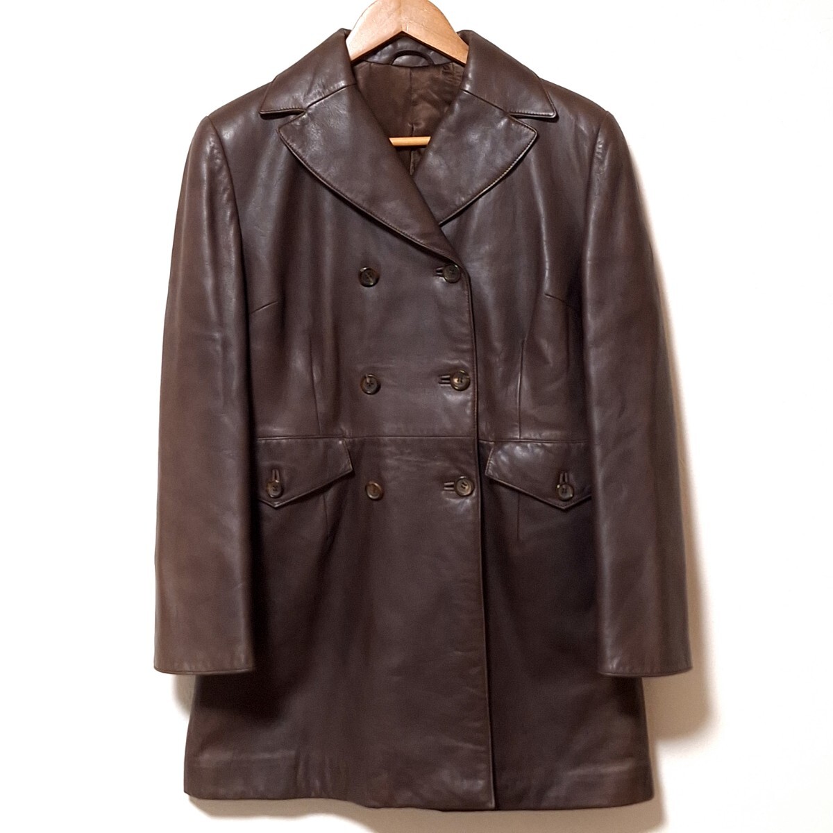 W835【SALFRA】サルフラ レザー コート アウター ハーフ丈 イタリア製 本革 高品質 ダブルブレスト ブラウン レディース サイズM相当/QQ拍卖