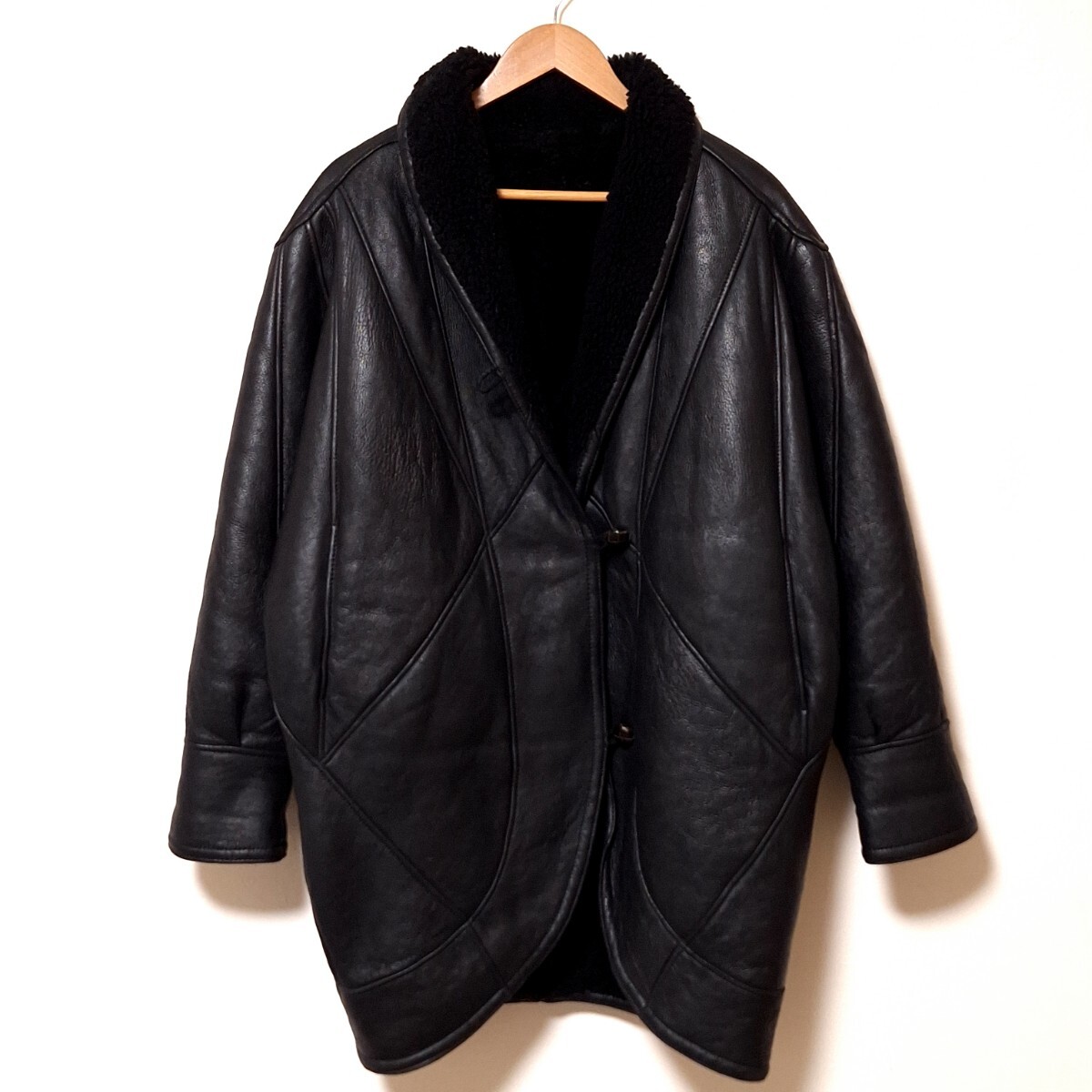 W838【Shearling】シープスキン ムートン レザーコート イタリア製 本革 変形 ビックシルエット ブラック レディース サイズ46(L相当)/QQ拍卖