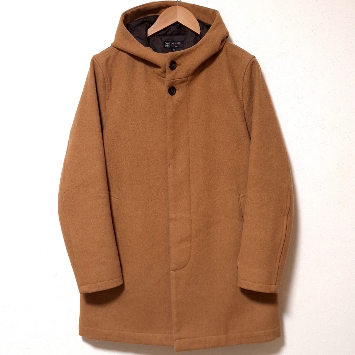W839【MK MICHEL KLEIN】ミッシェルクラン フーデットコート アウター キャメル フード付き ハーフ丈 ウール混 メンズ サイズ48 (L相当)/QQ拍卖