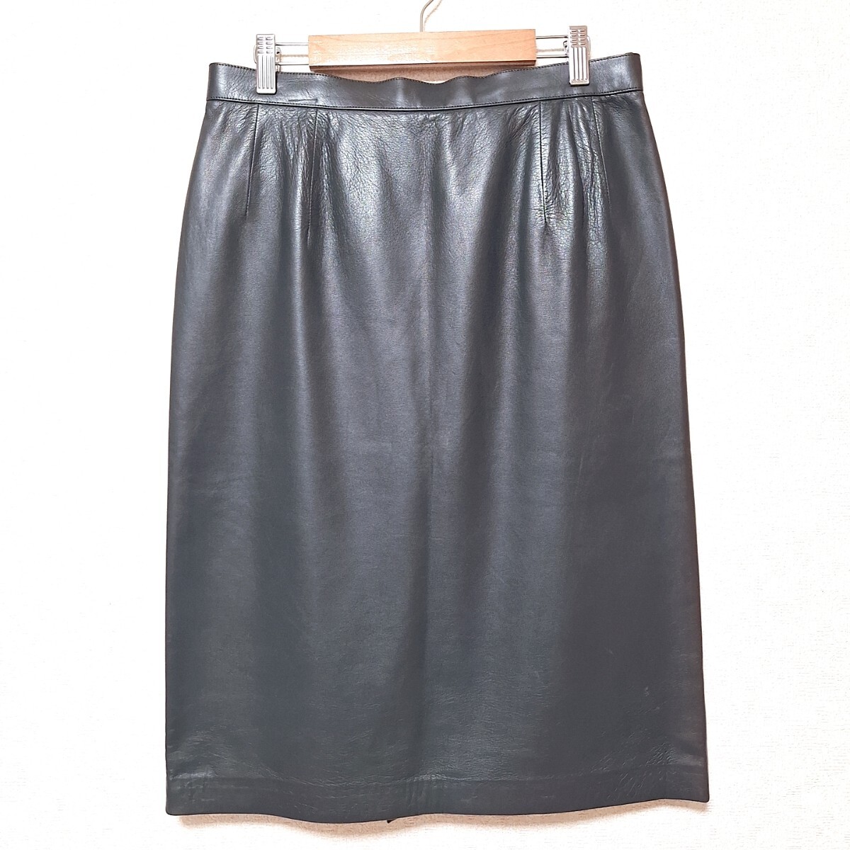 W783【Leilian】レリアン レザースカート 羊革 スリット ファスナー ビッグサイズ 高級 無地 ダークグレー レディース 13+(LL相当)/ee拍卖