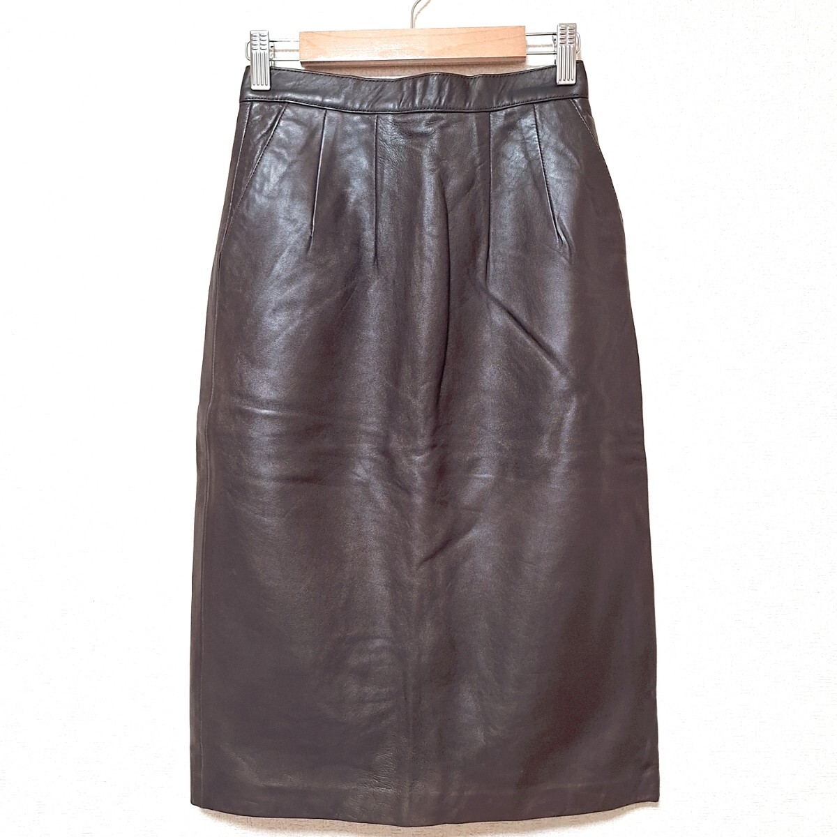 W784【Eli&Uli】イーライアンドウーリ レザースカート 羊皮 スリット ファスナー 裏地 ポケット シンプル ブラウン レディース 63(S位)/ee拍卖