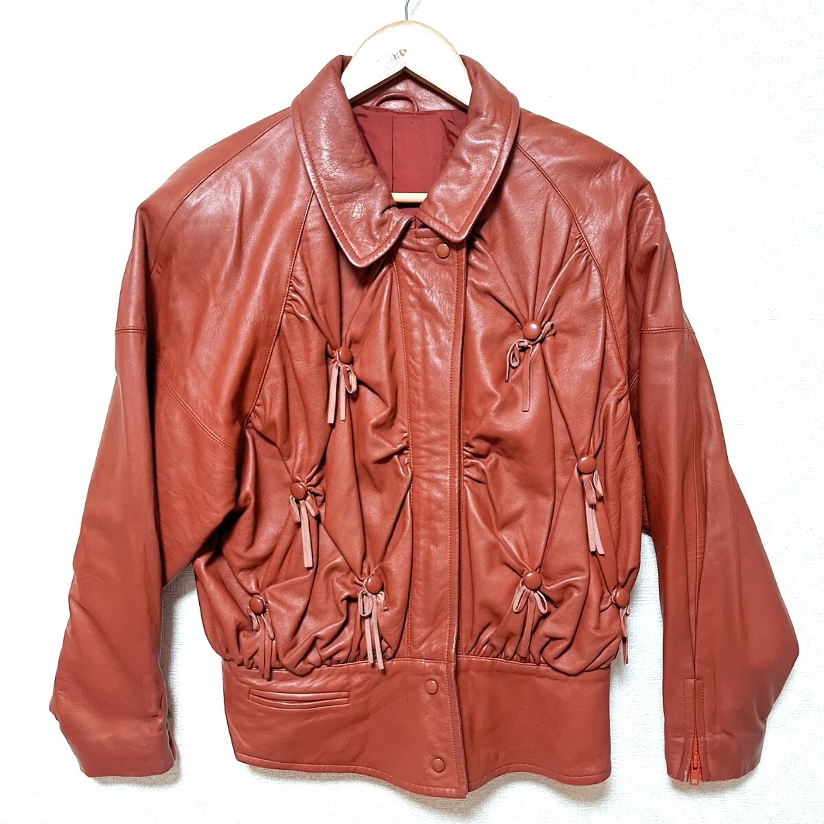 W790【Leather Jacket】羊革レザージャケット アウター 本革 リボン カジュアル フェミニン 可愛い ゆったり レッド レディース L相当/ee拍卖