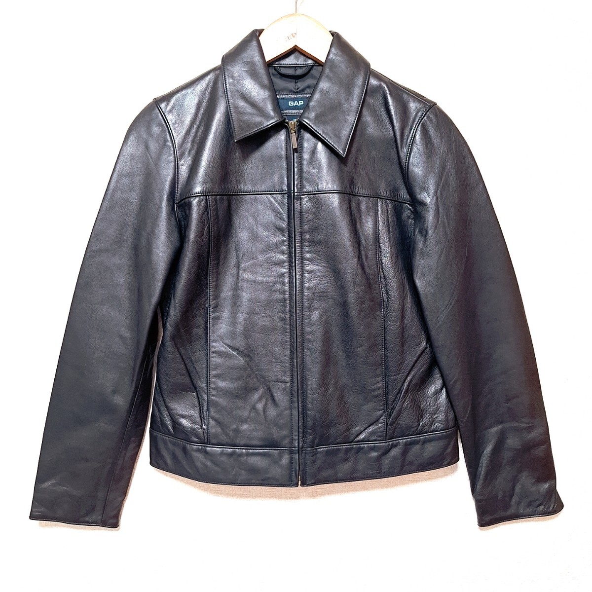 W793【GAP】ギャップ 牛革 レザー シングルライダースジャケット 革ジャン アウター カジュアル シンプル ブラック レディース XS/ee拍卖