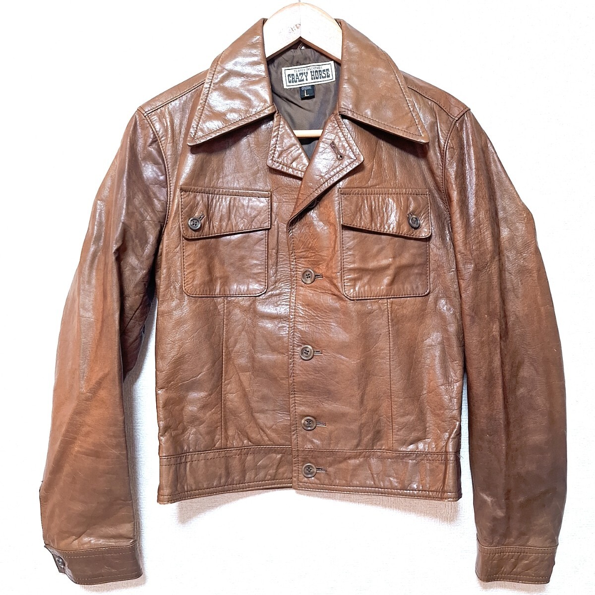 W786【CRAZY HORSE】クレイジーホース レザー ライダース ジャケット 革ジャン アウター カジュアル シンプル ブラウン メンズ L/ee拍卖