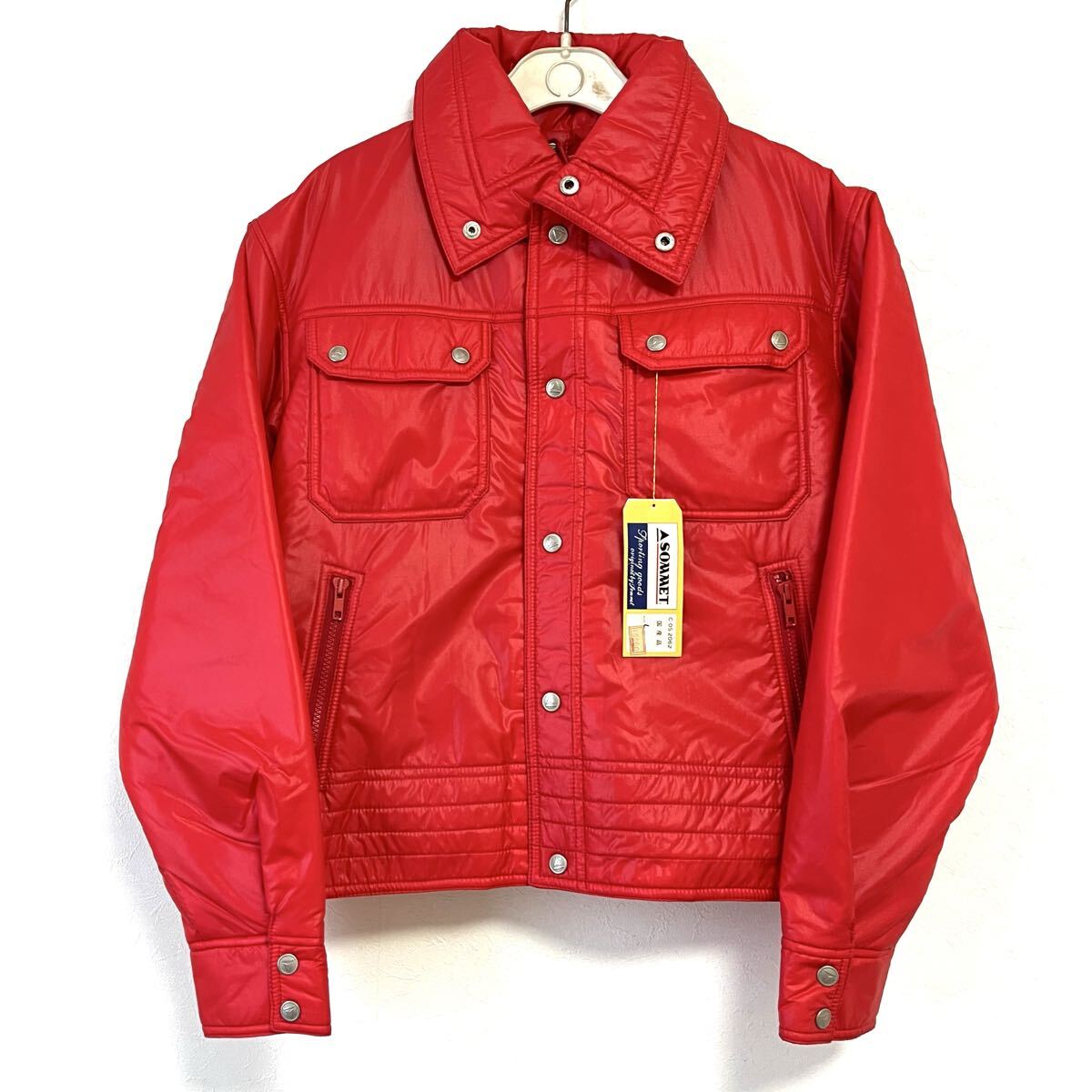 W816【SOMMET】ソメット 中綿 ジャケット ブルゾン ジップ ナイロン 防寒 フード付 アウトドア 日本製 レトロ レッド メンズ サイズL/mm拍卖
