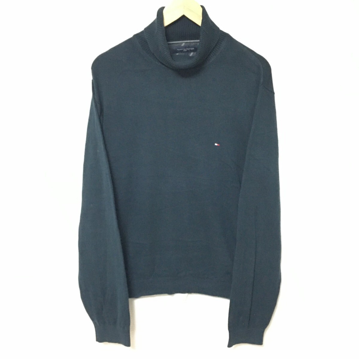 W929【TOMMY HILFIGER】トミーヒルフィガー ニット セーター トレーナー タートルネック 胸ロゴ コットン ブラック メンズ サイズ XL /fa拍卖