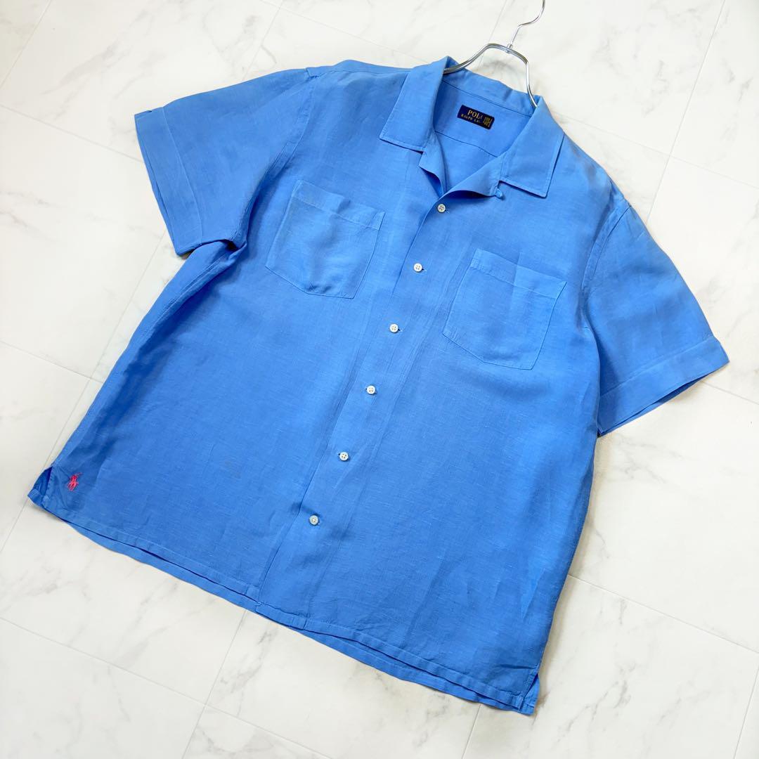 ポロラルフローレン 開襟 シルク リネン 裾ポニー 水色 XL 半袖シャツ拍卖